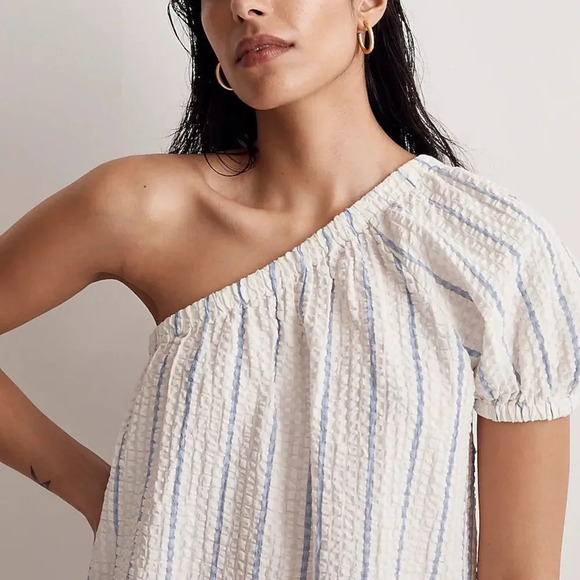 MADEWELL NWOT Seersucker One Shoulder Puff Sleeve Midi Dress - Picture 2 of 8